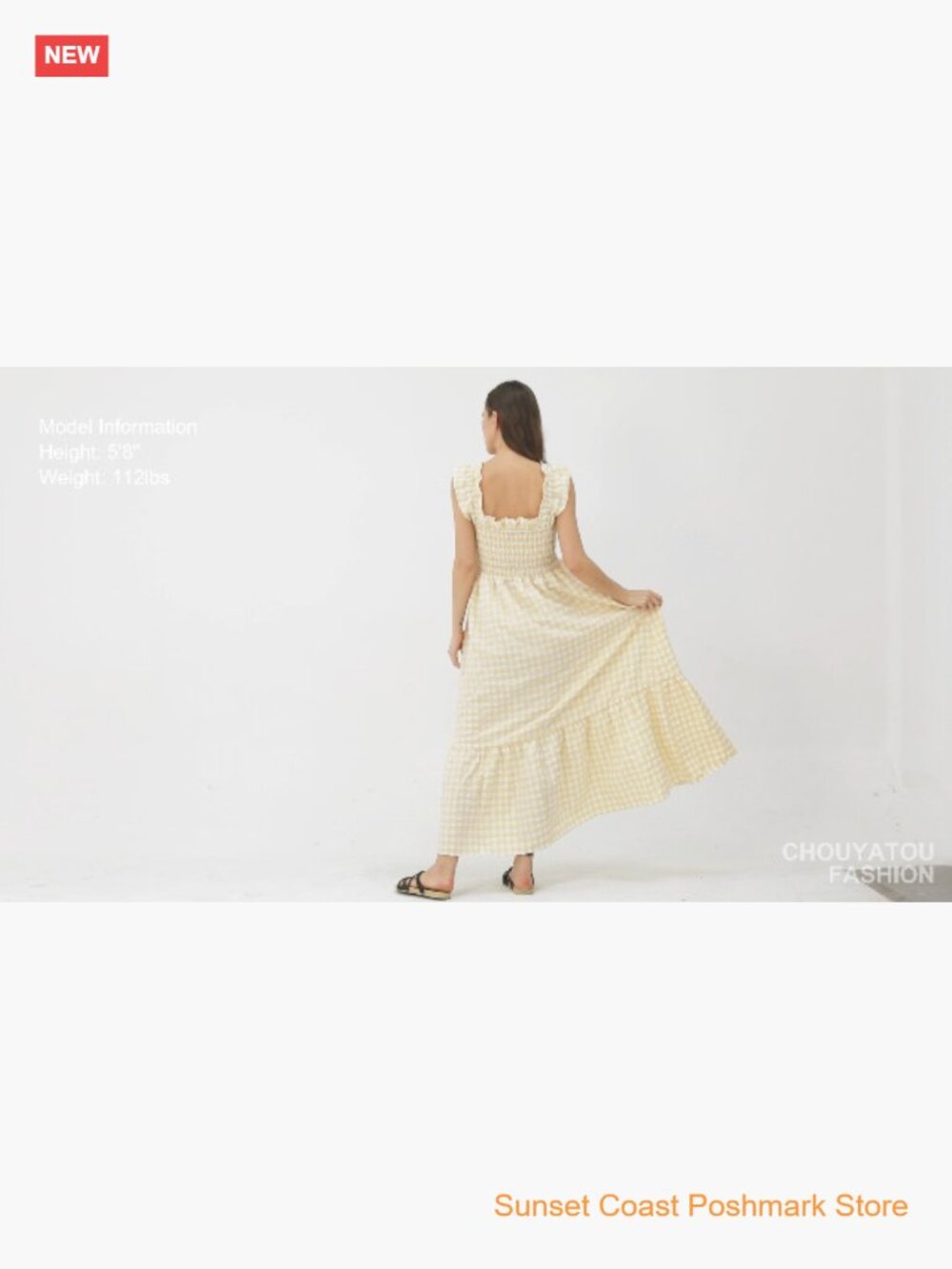 Retro Plaid Smocked Dress Spaghetti Strap Flounce Long Dress - Picture 7 of 7